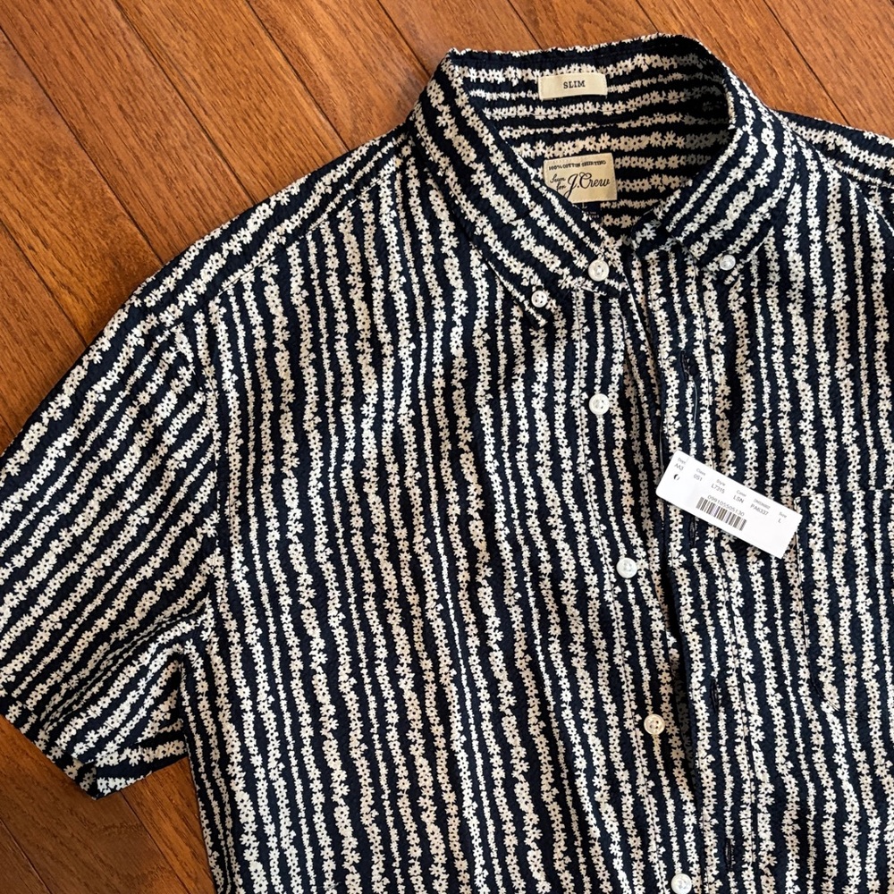 J. Crew Men's textured Navy and White Patterned Shirt